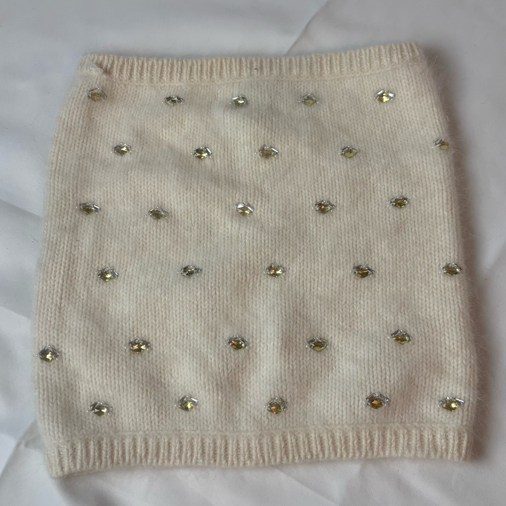 Club Monaco Ivory Angora Knit Neck Wrap Muffler Scarf One Size With Gemstones